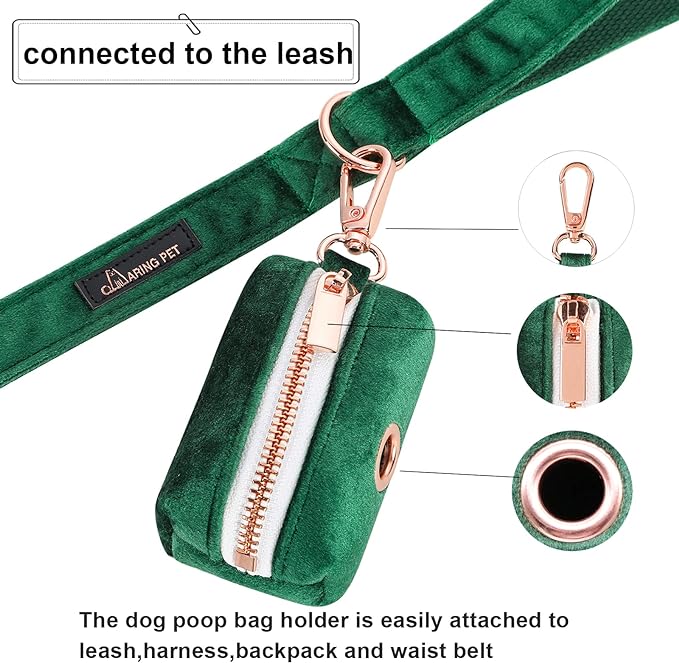 ARING PET Dog Poop Bag Holder, Velvet Doggy Waste Bag Dispenser Attach to Any Leashes, Dark Green Portable Washable Pet Waste Pouch Dispenser with Metal Zipper