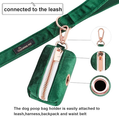 ARING PET Dog Poop Bag Holder, Velvet Doggy Waste Bag Dispenser Attach to Any Leashes, Dark Green Portable Washable Pet Waste Pouch Dispenser with Metal Zipper