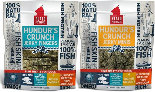 PLATO Hundur's Crunch Fish Dog Treats Variety Pack, (1) Fish Jerky Fingers 3.5oz and (1) Fish Jerky Minis 3.5oz, 7oz Total