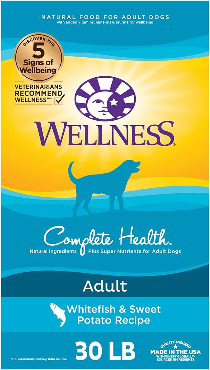 Wellness Complete Health Dry Dog Food with Grains, Made in USA with Real Meat & Natural Ingredients, All Breeds, Adult Dogs (Whitefish, 30-lb) – With Nutrients for Immune, Skin, & Coat Support
