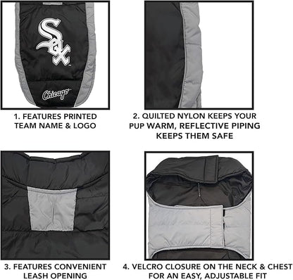 MLB Chicago White Sox Puffer Vest for Dogs & Cats, Size Large. Warm, Cozy, and Waterproof Dog Coat, for Small and Large Dogs/Cats. Best MLB Licensed PET Warming Sports Jacket