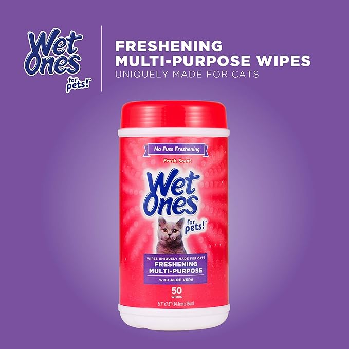 Wet Ones for Pets Freshening Multipurpose Wipes for Cats with Aloe Vera, 50 Count - 12 Pack | Easy to Use Cat Cleaning Wipes, Freshening Cat Grooming Wipes for Pet Grooming in Fresh Scent