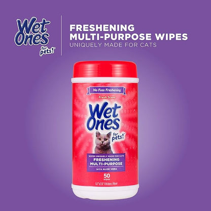 Wet Ones for Pets Freshening Multipurpose Wipes for Cats with Aloe Vera, 50 Count - 12 Pack | Easy to Use Cat Cleaning Wipes, Freshening Cat Grooming Wipes for Pet Grooming in Fresh Scent