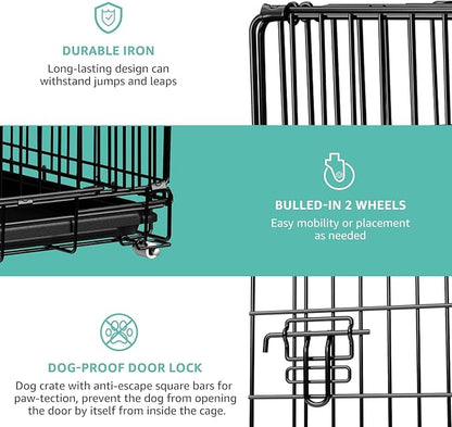 42 Inch Dog Crate with Divider - XL Dog Kennel Extra Large Cage with Wheels and Topper Double Door Big Collapsible Dog Crates for XLarge Dogs Indoor Metal Wire X Large Pet Cages