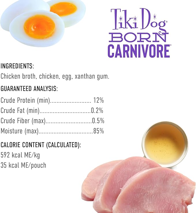 Tiki Dog Born Carnivore Protein Booster Dog Food Topper, Chicken and Egg Recipe in Broth, 2.1 oz. Pouch (12 Count)