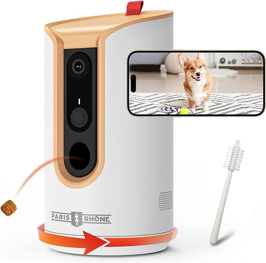 PARIS RHÔNE 2K Pet Camera, 360°View Dog Camera with Treat Dispensing, 5G WiFi Pets Monitoring with Smart Phone APP, Barking Detection and Motion Alerts, Two-Way Audio, Infrared Night Vision