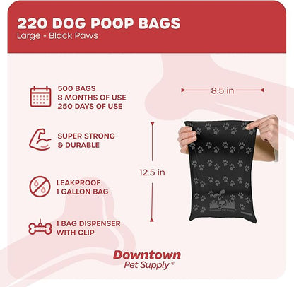 Downtown Pet Supply 220 Count Dog Poop Bags Refills with Leash Clip and Bone Bag Dispenser, Black with Paw Prints - Dog Waste Bags Unscented and Leak-Proof with Dog Poop Bag Dispenser - 12.5 x 8.5"