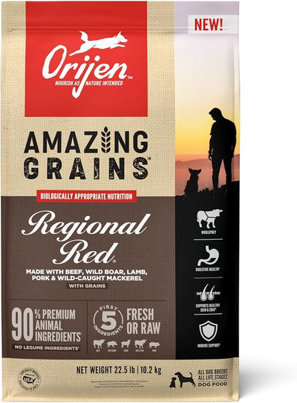 ORIJEN AMAZING GRAINS REGIONAL RED Dry Dog Food, High Protein Dog Food for All Life Stages, Fresh or Raw Ingredients, 22.5lb