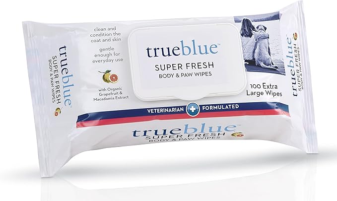 TrueBlue Super Fresh Body and Paw Wipes for Dogs and Puppies - Clean dirty paws and for deodorizing - Extra Large, Non-Toxic - 8"x7" - 100 Count