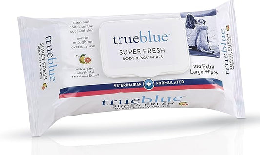 TrueBlue Super Fresh Body and Paw Wipes for Dogs and Puppies - Clean dirty paws and for deodorizing - Extra Large, Non-Toxic - 8"x7" - 100 Count
