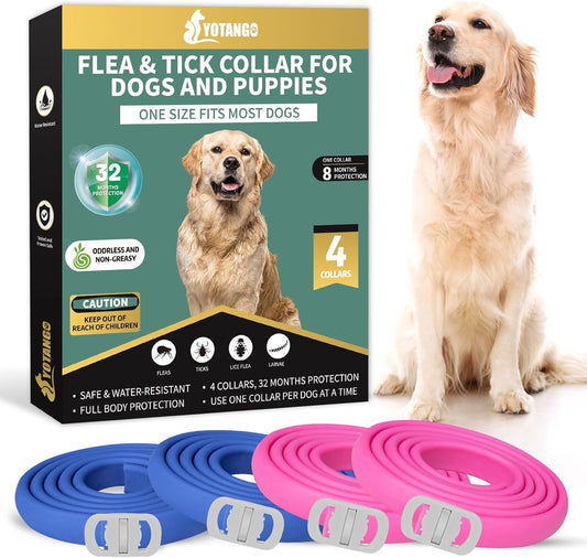 4 Pack Flea Collar for Dogs, 32 Months Flea and Tick Prevention for Dogs, Adjustable Flea and Tick Collar for Dogs Puppies, Waterproof Dog Flea Collar, Natural Dog Flea and Tick Treatment(Blue & Pink)