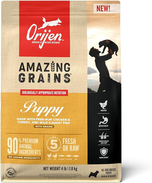 ORIJEN AMAZING GRAINS Puppy Dry Dog Food, High Protein Dog Food for Puppies, Fresh or Raw Ingredients, 4lb