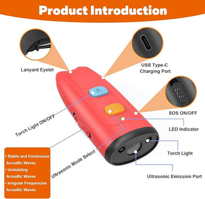Ultrasonic Anti Barking Deterrent, Dual Sensor Dog Barking Control Devices with LED Flashlight, Handheld and Safe Dog Whistle to Stop Barking, Rechargeable Pet Training & Behavior Aids- Red.