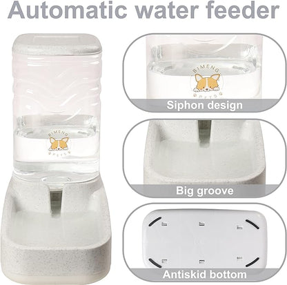 Automatic Dog Cat Gravity Food and Water Dispenser Set with Pet Food Bowl for Small Large Pets Puppy Kitten Rabbit Large Capacity(White & Gray, 3.8L)