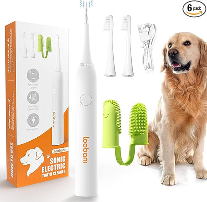 LOOBANI Dog Teeth Cleaning Kit, Rechargeable Sonic Electric, White, Includes Tooth Scraper, 2 Replaceable Heads, Silicone Finger Toothbrush, USB Cable