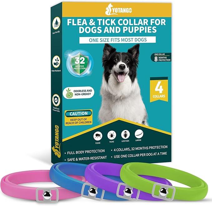 4 Pack Flea Collar for Dogs, Dog Flea and Tick Collar 8 Months Flea and Tick Treatment Prevention for Dogs, Waterproof Adjustable Dog Flea Collar Natural Tick and Flea Collar for Dogs (4Colors)