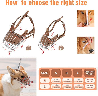 Dog Muzzle, Dog Metal Face Basket, Dog Mouth Breathable Adjustable Leather Leash Suitable for Large Medium-Sized Dogs (BrownM)