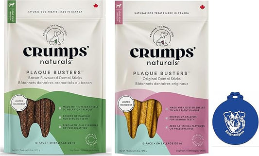 Crumps' Naturals Plaque Busters Dental Dog Sticks, 7 Inches, in 2 Flavor Variety Bundle: (1) Original and (1) Bacon (2 Bags Total, 10 Sticks/Bag, 9.5 Ounce Bags) Plus Shaynanigans Silicone Lid
