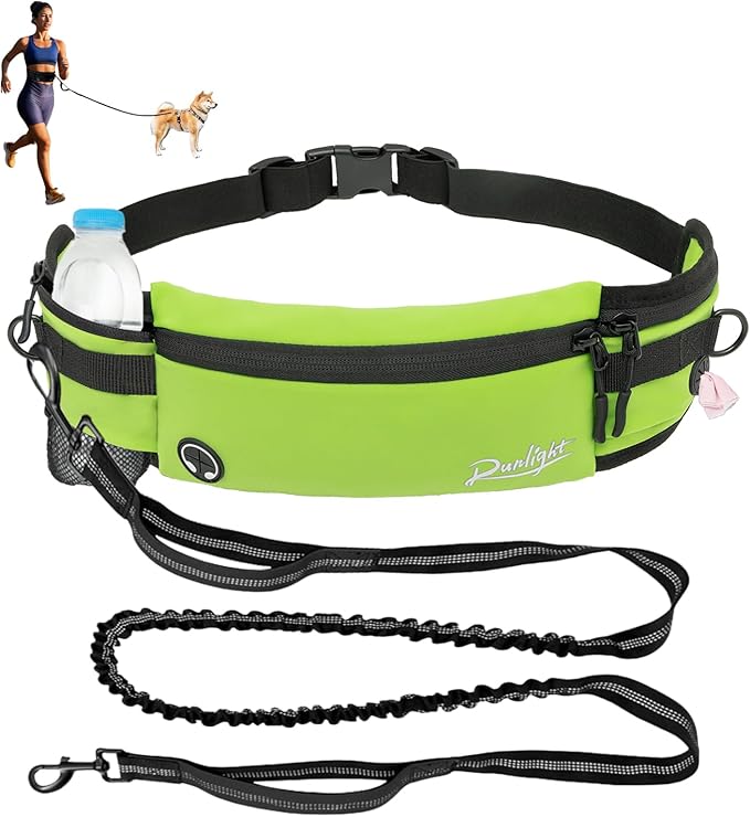 Dog Leash Waist Belt Removable Zipper Pouch for Dog leash Running Leash Hands Free Leash for Dog Training Jogging Green