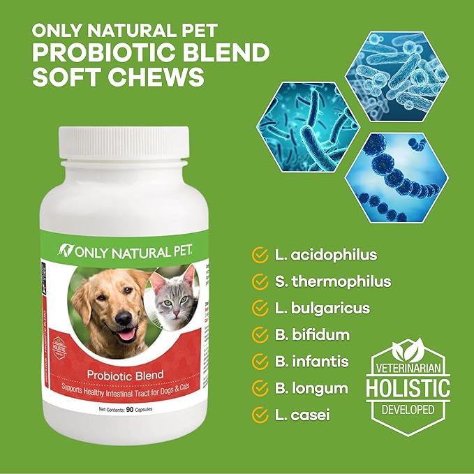 Only Natural Pet Probiotic Dog and Cat Supplement - Digestive & Intestinal Tract Health Enzyme Formula, Puppy & Canine Digestive Support, Best for Stomach Relief & Gas Aid - 90 Capsules.