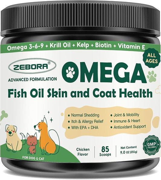 Omega 3 Fish Oil for Dogs, Dog Fish Oil Powder, Wild Caught Fish Oil, EPA&DHA, Krill Oil, Kelp, Dog Skin and Coat Supplement, Anti Itch & Shedding, Support Dry Skin, Joint Health, 85 Servings