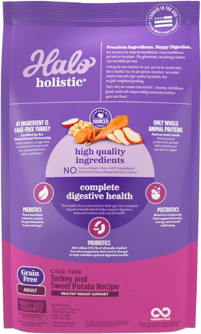 Halo Purely for Pets Holistic Dog Food, Complete Digestive Health Grain Free Cage-Free Turkey and Sweet Potato Recipe, Healthy Weight Support, Dry Dog Food Bag, Adult Formula, 10-lb Bag