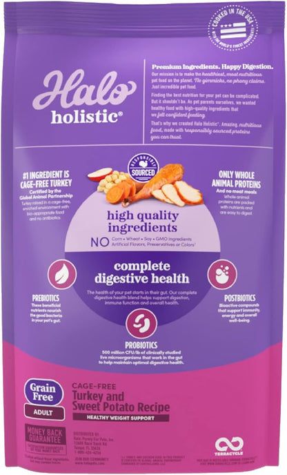 Halo Purely for Pets Holistic Dog Food, Complete Digestive Health Grain Free Cage-Free Turkey and Sweet Potato Recipe, Healthy Weight Support, Dry Dog Food Bag, Adult Formula, 3.5-lb Bag