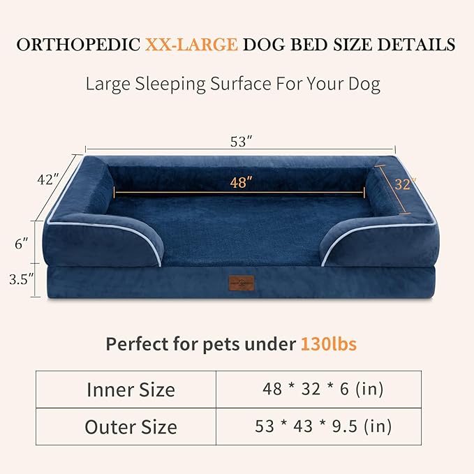 XXL Orthopedic Dog Bed, Waterproof Orthopedic Foam Extra Large Dog Beds, Washable Dog Sofa Bed with Removable Cover & Non-Slip Bottom(XX-large,Navy Blue)