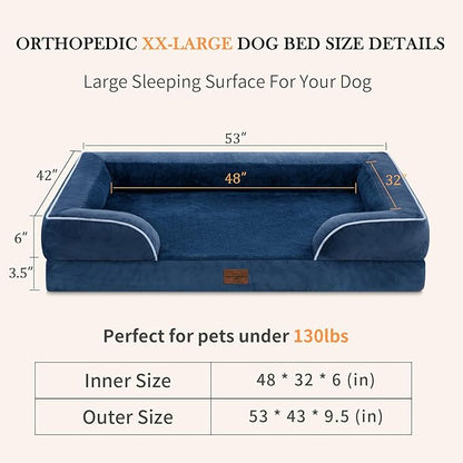 XXL Orthopedic Dog Bed, Waterproof Orthopedic Foam Extra Large Dog Beds, Washable Dog Sofa Bed with Removable Cover & Non-Slip Bottom(XX-large,Navy Blue)