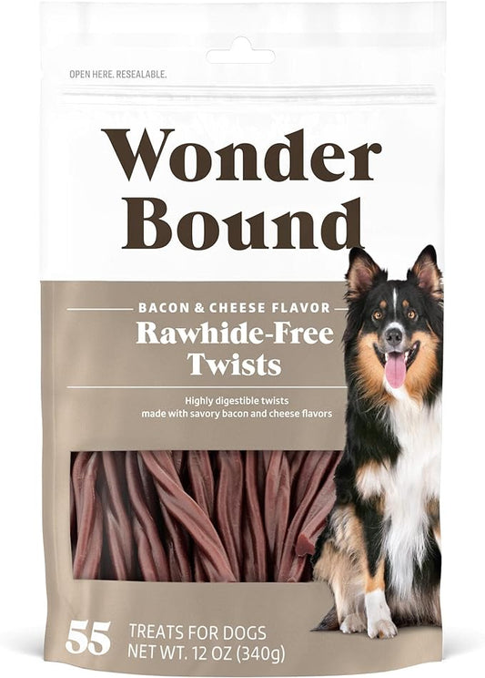 Amazon Brand - Wonder Bound Bacon & Cheese Flavor Twist Sticks - 55 Count - Rawhide-Free Dog Treats, Dental Health Chews for Plaque & Tartar Control, Easy to Digest, Long-Lasting, 12 ounce (Pack of 1)