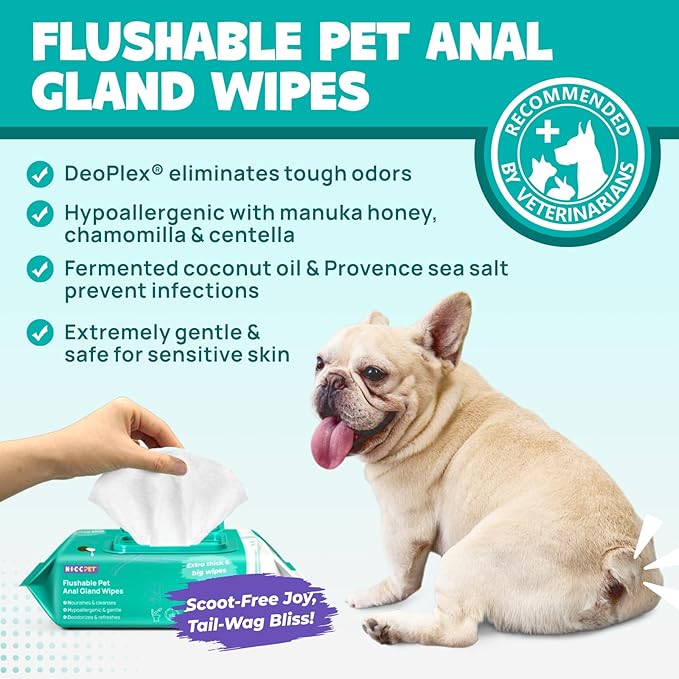 HICC Pet Flushable Plant Based Dog Wipes for Pets Cleansing & Deodorizing Anal Gland Hygienic Wipes for Dogs & Cats -Grooming Wipes for Paws, Body, and Butt -Puppy Essentials (400 Count)