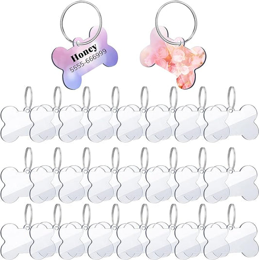 24 Pieces Blank Acrylic Dog Tag Bone-Shaped Acrylic Dog ID Tags with 24 Pieces Key Chain Rings for DIY Dogs and Cats Pet Name Number Tags Crafts Decorations, 1.49 x 1 Inch