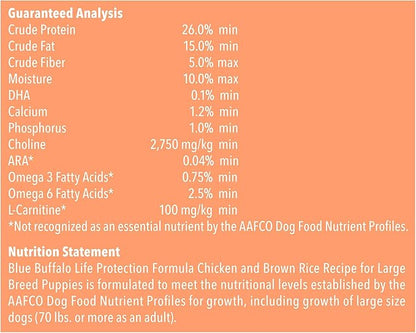 Blue Buffalo Life Protection Formula Natural Puppy Large Breed Dry Dog Food, Chicken and Brown Rice 34-lb