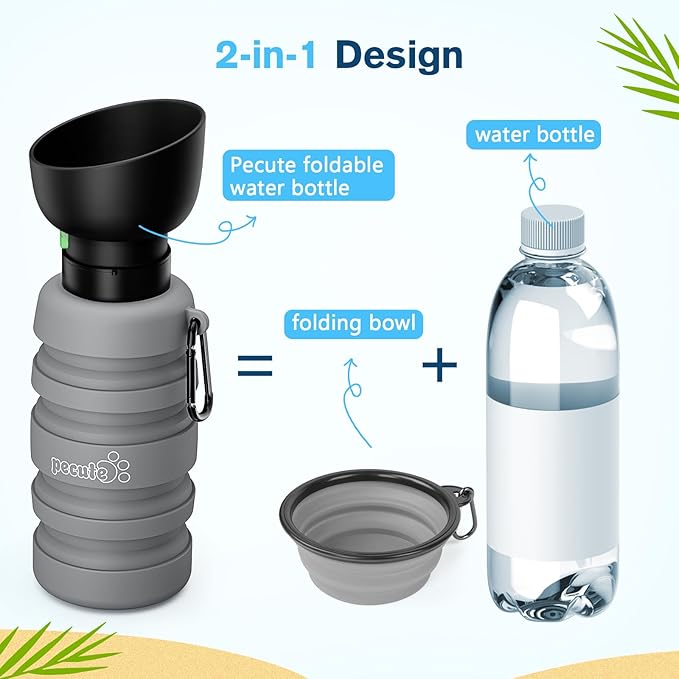 Pecute Dog Water Bottle Portable, 29oz Dog Foldable Water Bottle with Folding Bowl, Carabiner Clip, 5 Levels Capacity, 100% Food Grade Silicone, Dog Water Bottle for Outdoor Walking, Travel(Grey)