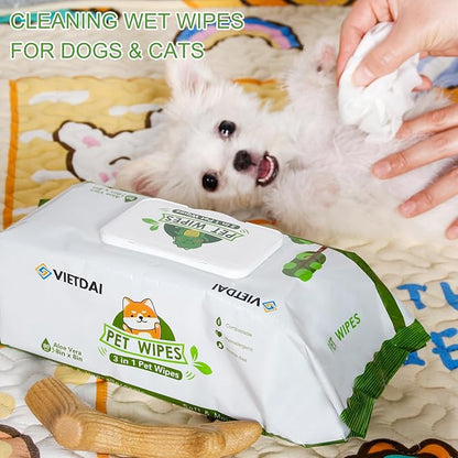VIETDAI Dog Wipes for Paws and Butt Cleaning Deodorizing Pet Grooming Bath Wipes with Aloe Vera and Vitamin E Hypoallergenic Cat Wipes for Eyes Ears Face Body Fur - 400 Count Puppy Wipes