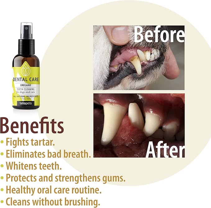 Teliapets Oregano Dental Care Spray for Pet's Teeth & Gums - Natural Dog's & Cat's Teeth Cleanser - Bad Breath, Plaque, Periodontitis & Gingivitis Fighter -Quick & Simple Oral Relief - 30ml / 1oz