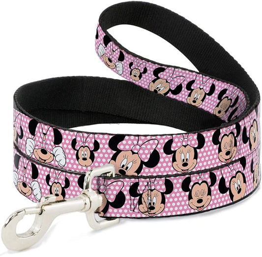 Buckle-Down Pet Leash - Minnie Mouse Expressions Polka Dot Pink/White - 6 Feet Long - 1/2" Wide
