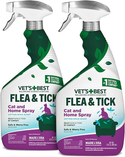 Vet’s Best Flea & Tick Home Spray for Cats – Cotton Spice Scent Cat Flea & Tick Aid – Made in The USA – Flea & Tick Gentle Mist for Cats – 32oz, Pack of 2