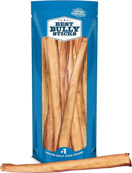 Best Bully Sticks All Natural 12 Inch Thick Bully Sticks for Large Dogs - 100% Free-Range Grass-Fed Beef - Single-Ingredient Grain & Rawhide Free Dog Chews - 10 Pack