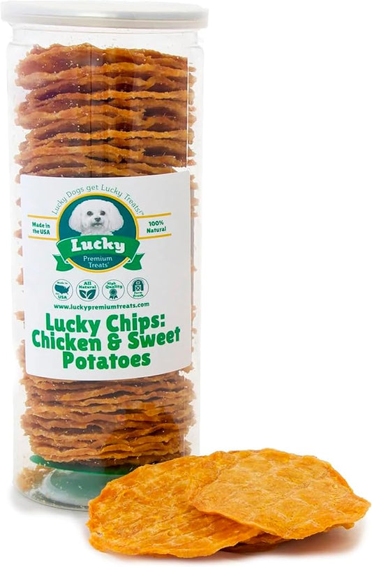 Lucky Premium Treats Chicken & Sweet Potato Lucky Chips for Dogs – Healthy Chicken Dog Treats Made in USA – 2 Ingredient Chicken Jerky Dog Treats – 6 oz Jar