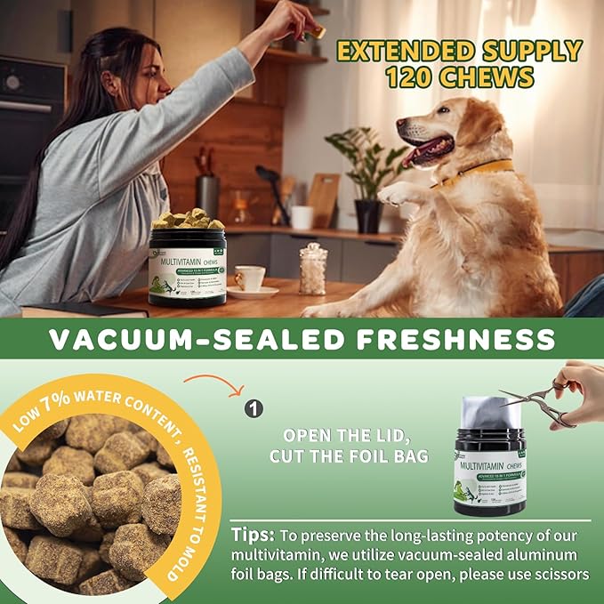 Dog Multivitamin - Multivitamin for Dogs - with MSM & Glucosamine, Omegas 3 & 6, Probiotics for Digestive Health, Joint Support, Skin & Coat, Immune System & Overall Health – 120 Soft Chews