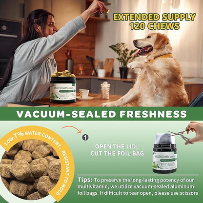 Dog Multivitamin - Multivitamin for Dogs - with MSM & Glucosamine, Omegas 3 & 6, Probiotics for Digestive Health, Joint Support, Skin & Coat, Immune System & Overall Health – 120 Soft Chews
