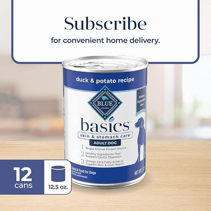 Blue Buffalo Basics Adult Grain-Free Wet Dog Food for Skin & Stomach Care, Limited Ingredient Diet, Duck & Potato Recipe, 12.5-oz. Cans (12 Count)