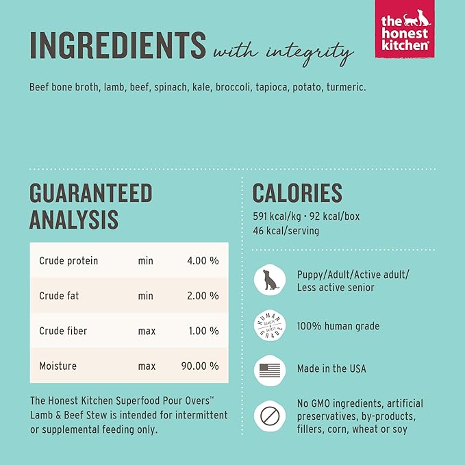 Honest Kitchen The Superfood Pour Overs Lamb & Beef Stew and Salmon Stew Wet Dog Food Toppers (12 Pack), 5.5 oz