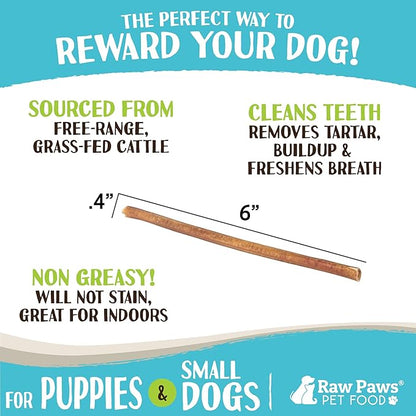 Raw Paws Thin Bully Sticks for Small Dogs 6 inch, 5-ct - Grass Fed, Free Range Bull Pizzle - Low Odor Mini Bully Sticks for Puppies - Small Bully Sticks - Puppy Bully Sticks for Dogs - Bully Bones