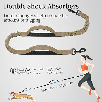 iYoShop Hands Free Dog Leash with Zipper Pouch, Dual Padded Handles and Durable Bungee for Walking, Jogging and Running Your Dog (Large, 25-120 lbs, Khaki)