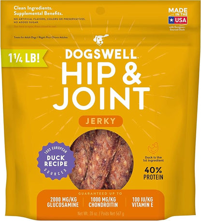 Dogswell Jerky Hip and Joint Dog Treats Grain Free Made in USA Only, Glucosamine and Chondroitin, 20 oz Duck