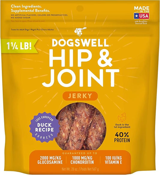 Dogswell Jerky Hip and Joint Dog Treats Grain Free Made in USA Only, Glucosamine and Chondroitin, 20 oz Duck