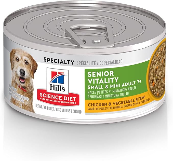 Hill's Science Diet Senior Vitality, Senior Adult 7+, Small & Mini Breeds Senior Premium Nutrition, Wet Dog Food, Salmon & Vegetables Stew, 5.5 oz Can, Case of 24