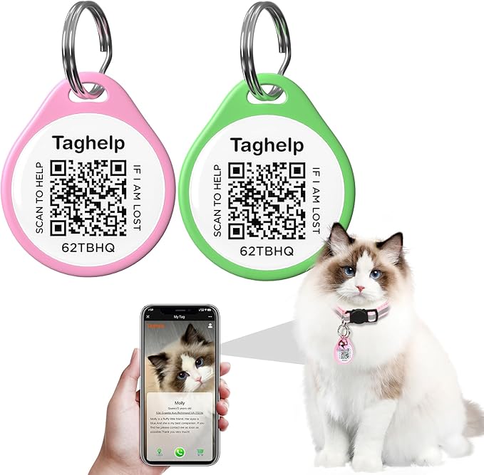 Anti-Lost QR Code Smart Pet ID Tags for Cats &Small Dogs, Personalized Pet Tag Stores Multiple Information, Silent Name tag for cat Collar, Real-Time Notification (Green&Pink, for cat - 1")